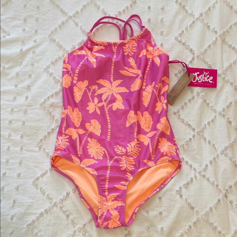 Justice Tropical Pink and Orange Kids One Piece Swimsuit nwt